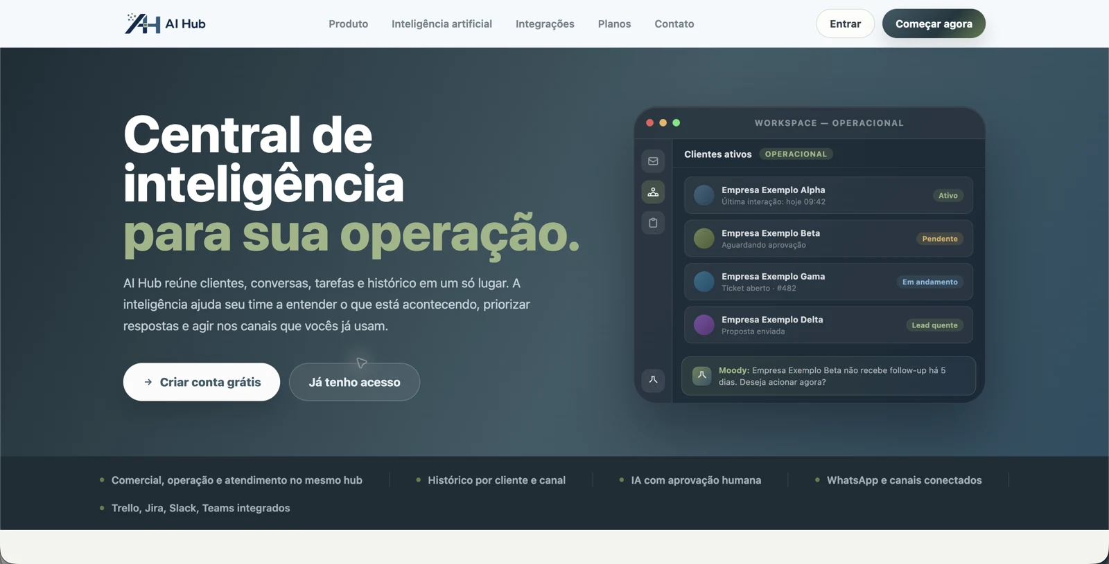 Página inicial do AI Hub web apresentando agentes de IA e uma visão das operações.