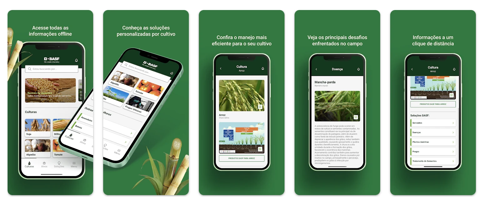 Cinco telas do BASF Agro com culturas, soluções agrícolas, manejo, doenças e informações disponíveis offline.