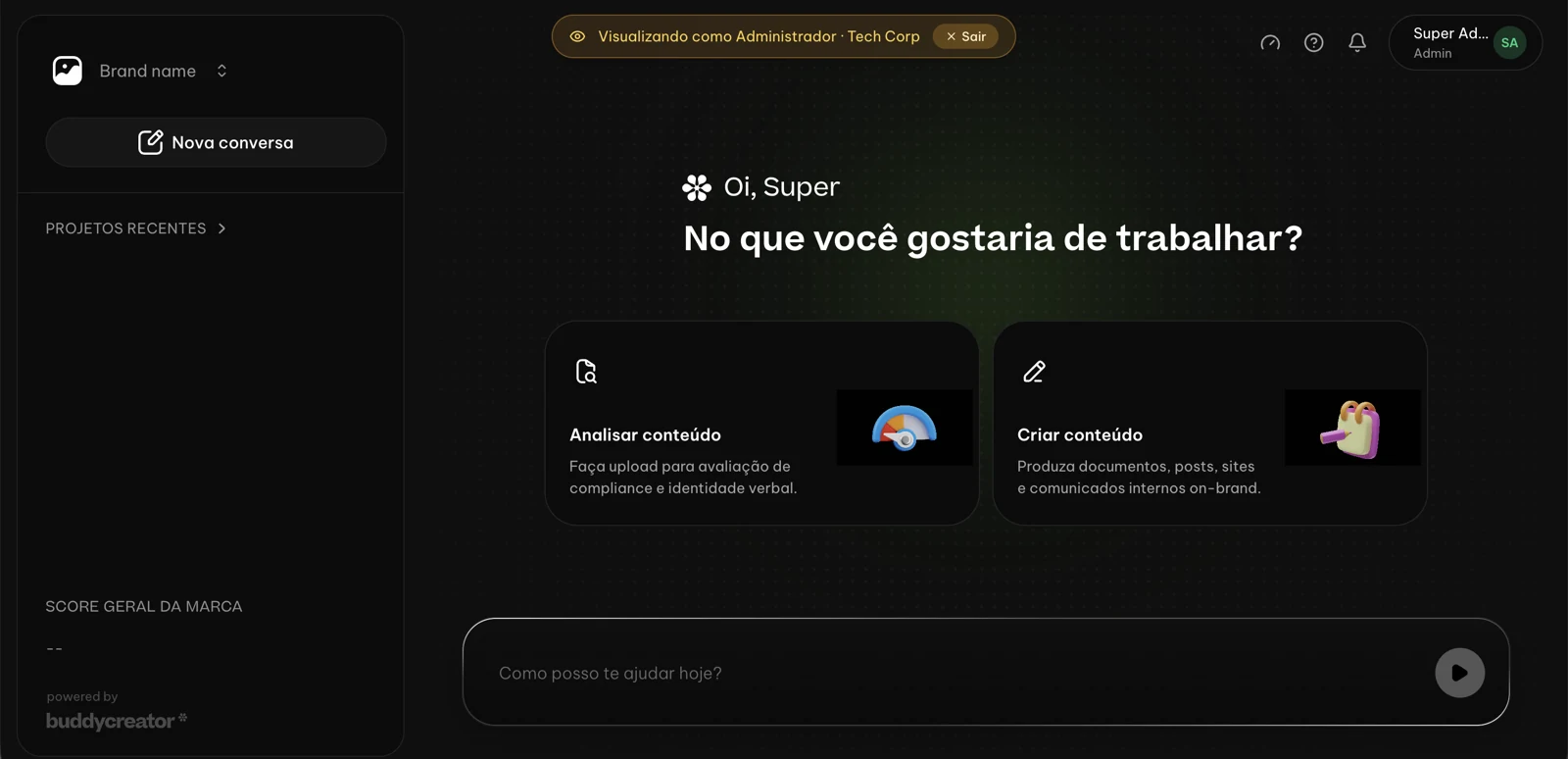 Interface do Brand Compliance com conversa, análise de conteúdo, criação de conteúdo e projetos recentes.